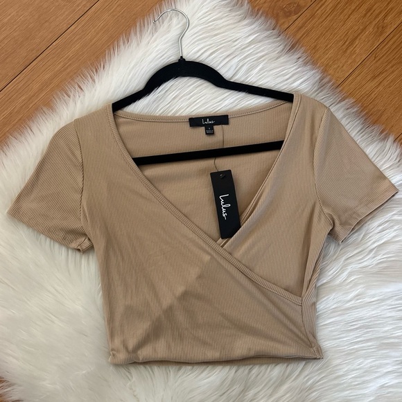 Lulus Ribbed Tan Wrap Top Size Small - Picture 2 of 5